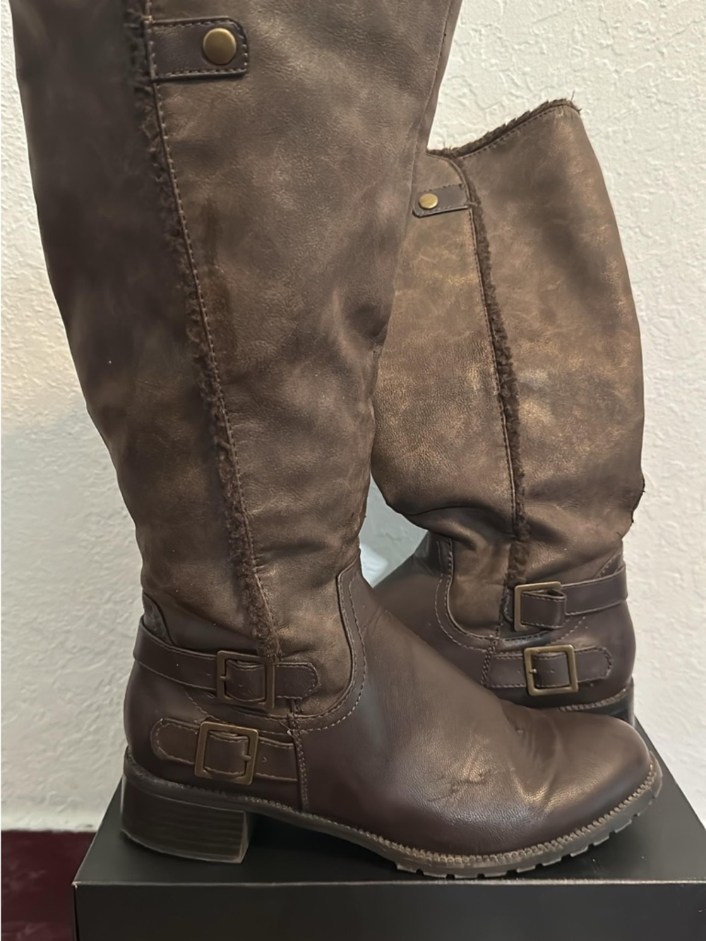 Brown Faux Leather Buckle Riding Boots
